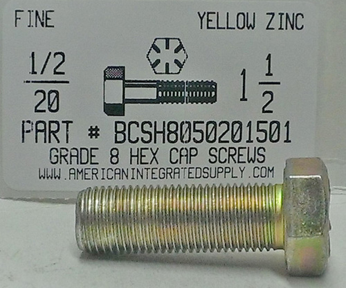 1/2-20X1-1/2 HEX HEAD CAP SCREW GRADE 8 STEEL YELLOW ZINC PLATED