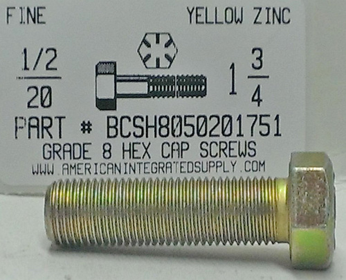 1/2-20X1-3/4 HEX HEAD CAP SCREW GRADE 8 STEEL YELLOW ZINC PLATED