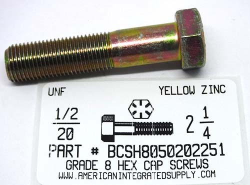 1/2-20X2-1/4 HEX HEAD CAP SCREW GRADE 8 STEEL YELLOW ZINC PLATED