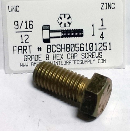 9/16-12X1-1/4 HEX HEAD CAP SCREW GRADE 8 STEEL YELLOW ZINC PLATED