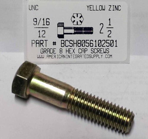 9/16-12X2-1/2 HEX HEAD CAP SCREW GRADE 8 STEEL YELLOW ZINC PLATED