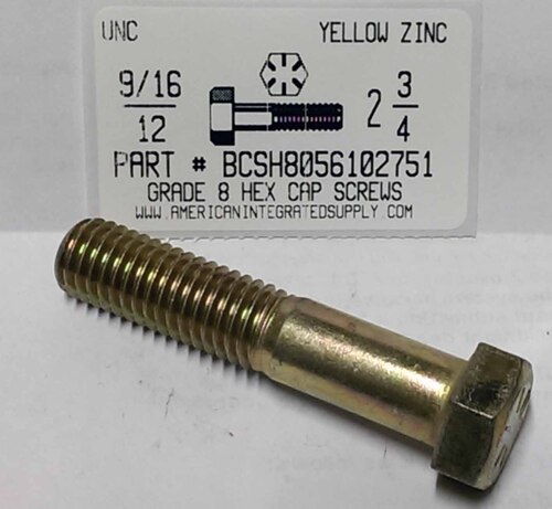 9/16-12X2-3/4 HEX HEAD CAP SCREW GRADE 8 STEEL YELLOW ZINC PLATED