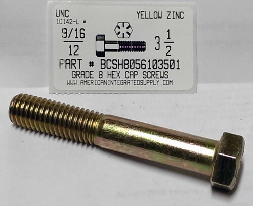 9/16-12X3-1/2 HEX HEAD CAP SCREW GRADE 8 STEEL YELLOW ZINC PLATED