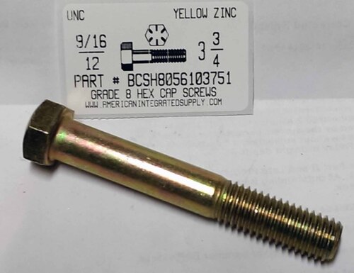 9/16-12X3-3/4 HEX HEAD CAP SCREW GRADE 8 STEEL YELLOW ZINC PLATED