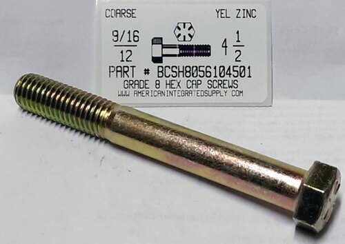 9/16-12X4-1/2 HEX HEAD CAP SCREW GRADE 8 STEEL YELLOW ZINC PLATED