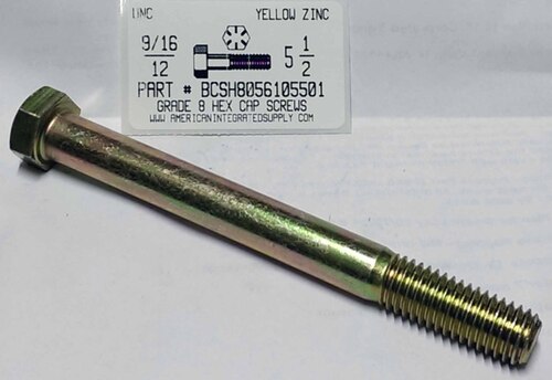 9/16-12X5-1/2 HEX HEAD CAP SCREW GRADE 8 STEEL YELLOW ZINC PLATED