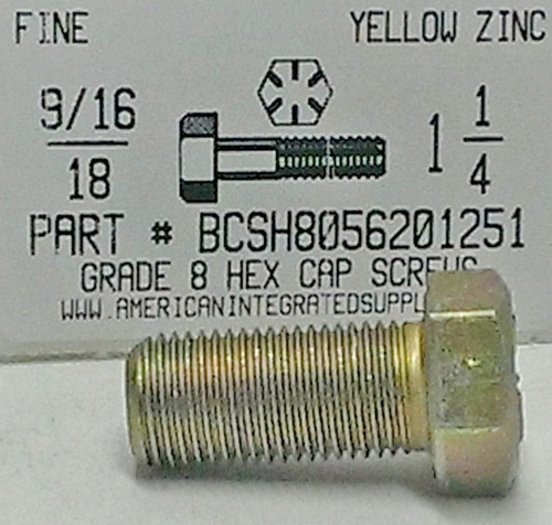 9/16-18X1-1/4 HEX HEAD CAP SCREW GRADE 8 STEEL YELLOW ZINC PLATED