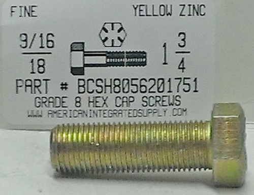 9/16-18X1-3/4 HEX HEAD CAP SCREW GRADE 8 STEEL YELLOW ZINC PLATED