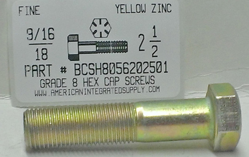 9/16-18X2-1/2 HEX HEAD CAP SCREW GRADE 8 STEEL YELLOW ZINC PLATED