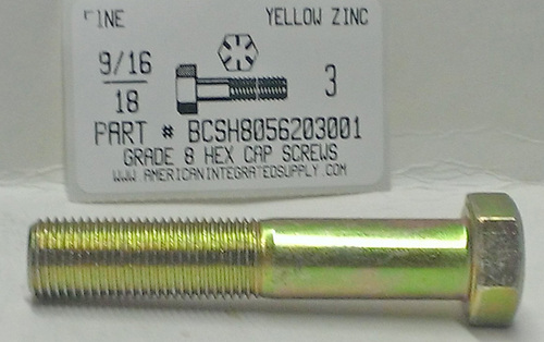 9/16-18X3 HEX HEAD CAP SCREW GRADE 8 STEEL YELLOW ZINC PLATED