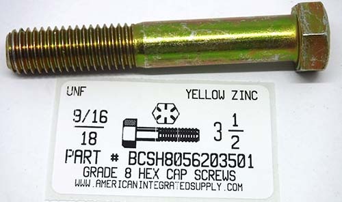 9/16-18X3-1/2 HEX HEAD CAP SCREW GRADE 8 STEEL YELLOW ZINC PLATED