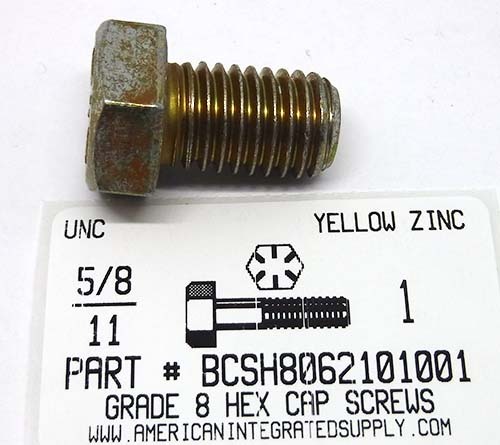 5/8-11X1 HEX HEAD CAP SCREW GRADE 8 STEEL YELLOW ZINC PLATED