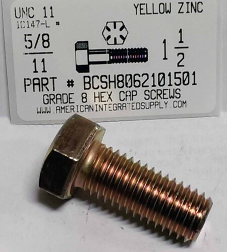 5/8-11X1-1/2 HEX HEAD CAP SCREW GRADE 8 STEEL YELLOW ZINC PLATED