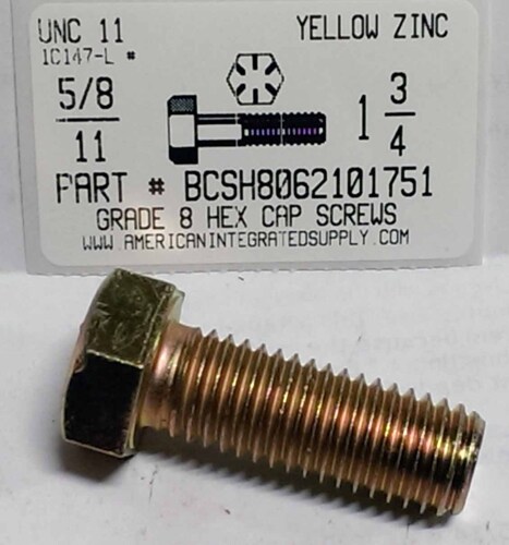 5/8-11X1-3/4 HEX HEAD CAP SCREW GRADE 8 STEEL YELLOW ZINC PLATED