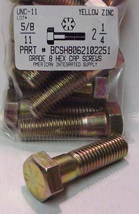 5/8-11X2-1/4 HEX HEAD CAP SCREW GRADE 8 STEEL YELLOW ZINC PLATED