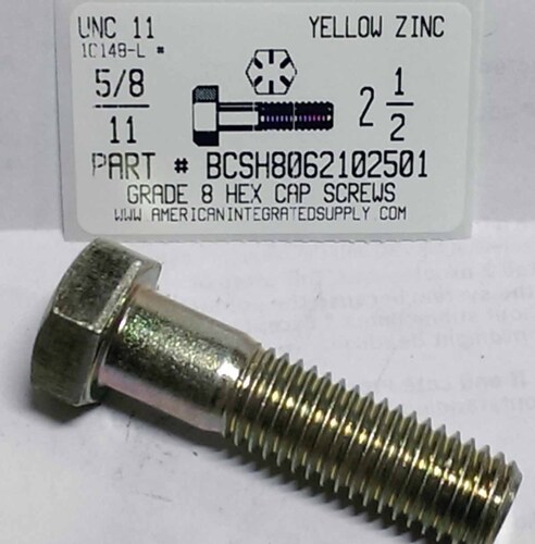 5/8-11X2-1/2 HEX HEAD CAP SCREW GRADE 8 STEEL YELLOW ZINC PLATED