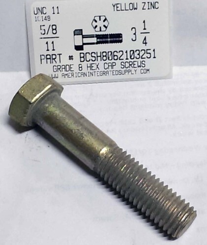 5/8-11X3-1/4 HEX HEAD CAP SCREW GRADE 8 STEEL YELLOW ZINC PLATED