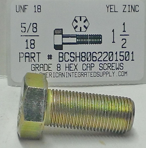 5/8-18X1-1/2 HEX HEAD CAP SCREW GRADE 8 STEEL YELLOW ZINC PLATED