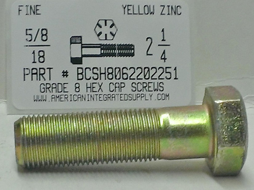 5/8-18X2-1/4 HEX HEAD CAP SCREW GRADE 8 STEEL YELLOW ZINC PLATED