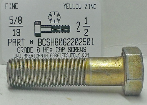 5/8-18X2-1/2 HEX HEAD CAP SCREW GRADE 8 STEEL YELLOW ZINC PLATED