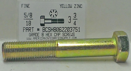 5/8-18X3-3/4 HEX HEAD CAP SCREW GRADE 8 STEEL YELLOW ZINC PLATED