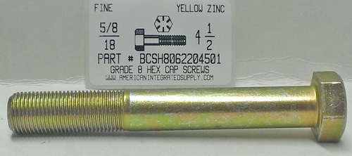 5/8-18X4-1/2 HEX HEAD CAP SCREW GRADE 8 STEEL YELLOW ZINC PLATED