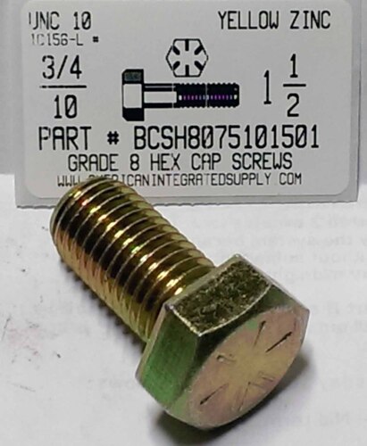 3/4-10X1-1/2 HEX HEAD CAP SCREW GRADE 8 STEEL YELLOW ZINC PLATED