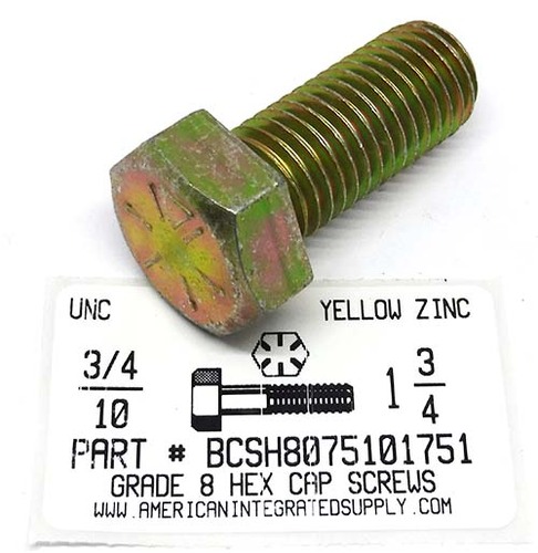 3/4-10X1-3/4 HEX HEAD CAP SCREW GRADE 8 STEEL YELLOW ZINC PLATED