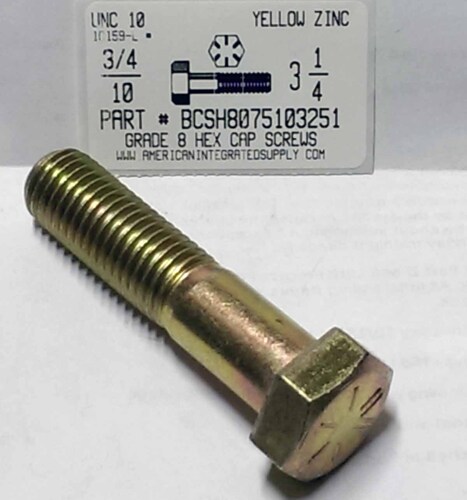 3/4-10X3-1/4 HEX HEAD CAP SCREW GRADE 8 STEEL YELLOW ZINC PLATED