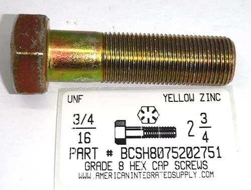 3/4-16X2-3/4 HEX HEAD CAP SCREW GRADE 8 STEEL YELLOW ZINC PLATED