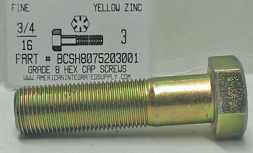 3/4-16X3 HEX HEAD CAP SCREW GRADE 8 STEEL YELLOW ZINC PLATED