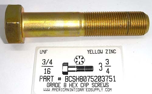 3/4-16X3-3/4 HEX HEAD CAP SCREW GRADE 8 STEEL YELLOW ZINC PLATED