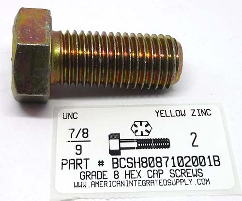 7/8-9X2 HEX HEAD CAP SCREW GRADE 8 STEEL YELLOW ZINC PLATED