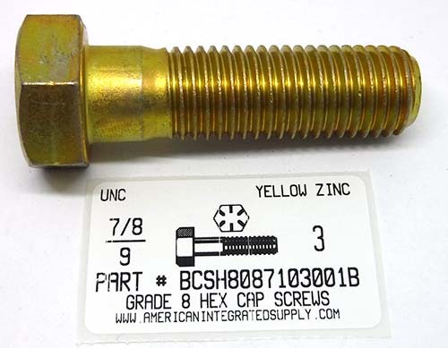 7/8-9X3 HEX HEAD CAP SCREW GRADE 8 STEEL YELLOW ZINC PLATED