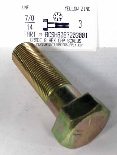 7/8-14X3 HEX HEAD CAP SCREW GRADE 8 STEEL YELLOW ZINC PLATED