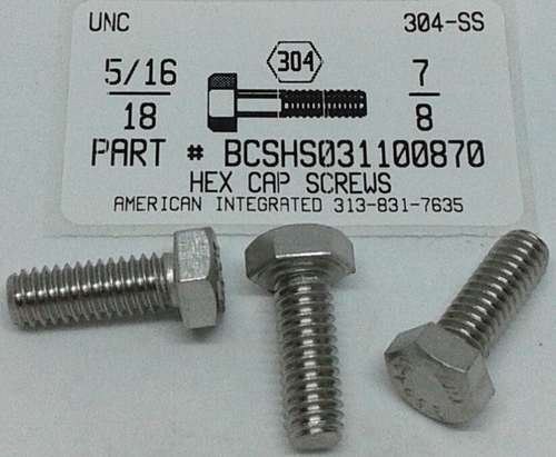 5/16-18X7/8 HEX HEAD CAP SCREW 304 STAINLESS STEEL