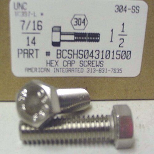 7/16-14X1-1/2 HEX HEAD CAP SCREW 304 STAINLESS STEEL