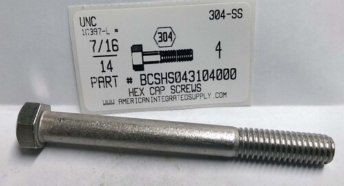 7/16-14X4 HEX HEAD CAP SCREW 304 STAINLESS STEEL