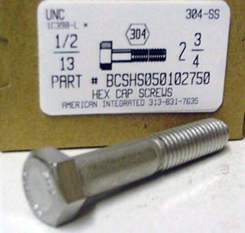 1/2-13X2-3/4 HEX HEAD CAP SCREW 304 STAINLESS STEEL