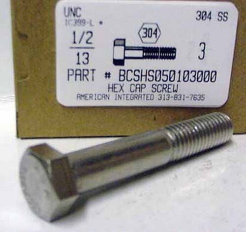 1/2-13X3 HEX HEAD CAP SCREW 304 STAINLESS STEEL