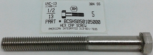 1/2-13X5 HEX HEAD CAP SCREW 304 STAINLESS STEEL