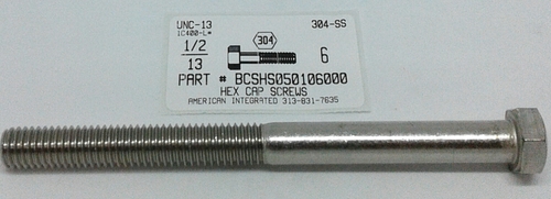 1/2-13X6 HEX HEAD CAP SCREW 304 STAINLESS STEEL