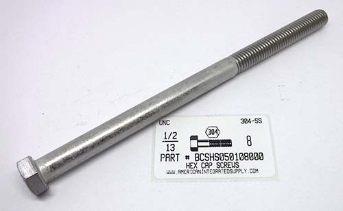 1/2-13X8 HEX HEAD CAP SCREW 304 STAINLESS STEEL