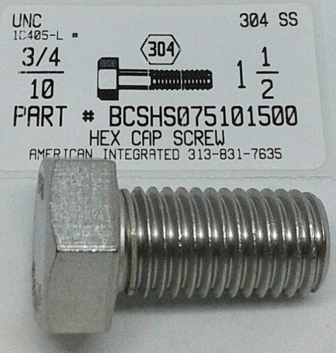 3/4-10X1-1/2 HEX HEAD CAP SCREW 304 STAINLESS STEEL