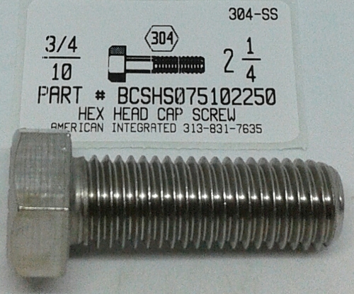 3/4-10X2-1/4 HEX HEAD CAP SCREW 304 STAINLESS STEEL