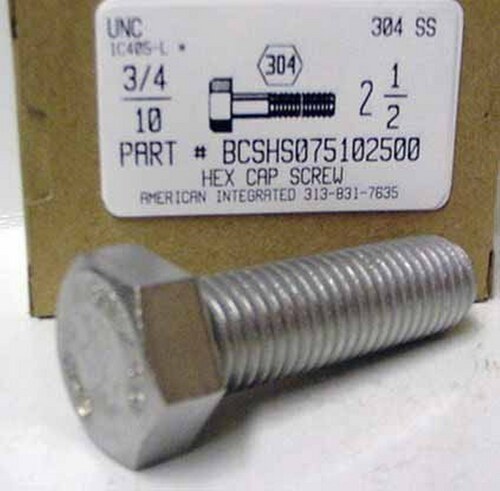 3/4-10X2-1/2 HEX HEAD CAP SCREW 304 STAINLESS STEEL