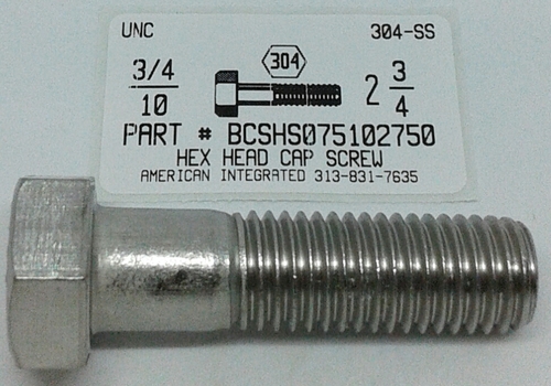 3/4-10X2-3/4 HEX HEAD CAP SCREW 304 STAINLESS STEEL