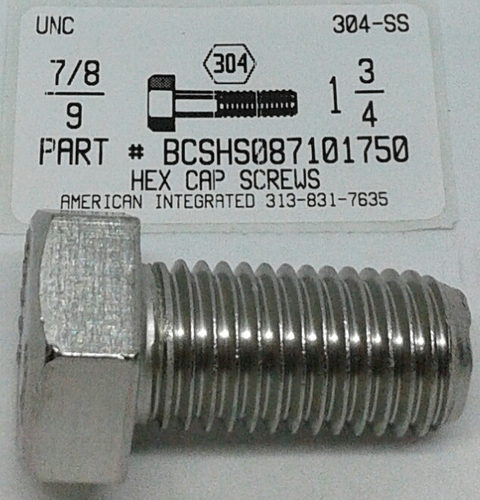 7/8-9X1-3/4 HEX HEAD CAP SCREW 304 STAINLESS STEEL