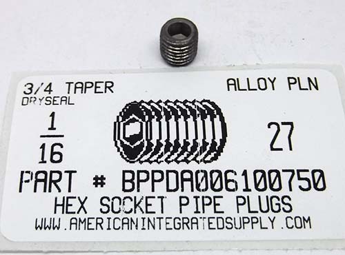 1/16-27 HEX SOCKET PIPE PLUG DRYSEAL 3/4 TAPER ALLOY STEEL BLACK