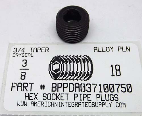 3/8-18 HEX SOCKET PIPE PLUG DRYSEAL 3/4 TAPER ALLOY STEEL BLACK